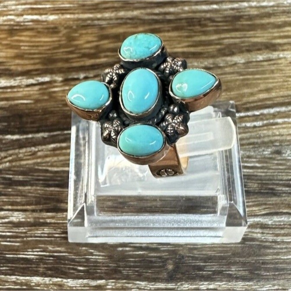 Southwest Copper Kingman Turquoise  MultiStone Cluster Ring 5.5 Adj - Picture 2 of 9